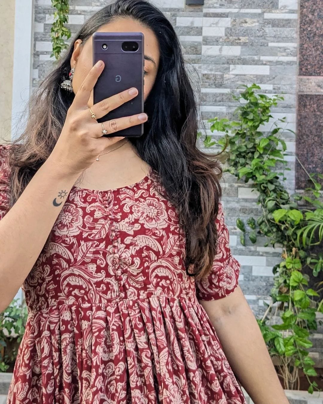 Maroon Printed Cotton Midi Gown Dress